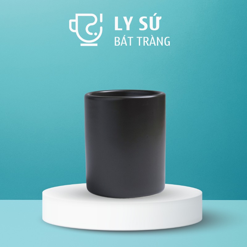Ly sứ màu mát Bát Tràng quà tặng in logo màu đen mát dáng trụ không quai 350ml LM-80