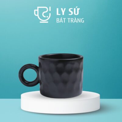 Ly sứ màu mát Bát Tràng màu đen mát dáng trụ lùn quai tròn họa tiết tổ ong 250ml LM-104