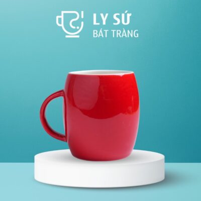 Ly sứ màu bóng Bát Tràng màu đỏ bóng dáng trống có quai 400ml LM-106