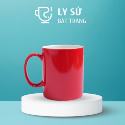 Ly sứ màu bóng Bát Tràng quà tặng in logo màu đỏ dáng trụ quai C 350ml LM-57