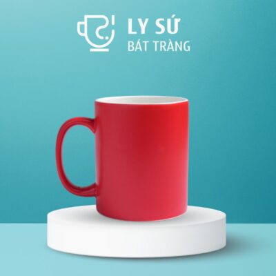 Ly sứ màu mát Bát Tràng quà tặng in logo màu đỏ mát dáng trụ quai C 350ml LM-62