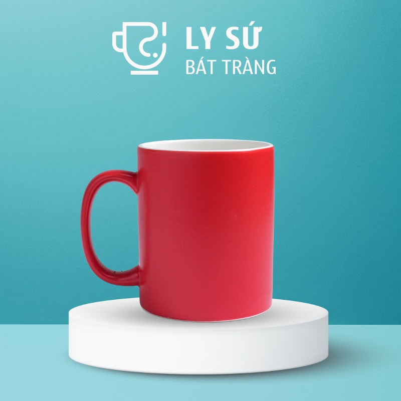 Ly sứ màu mát Bát Tràng quà tặng in logo màu đỏ mát dáng trụ quai C 350ml LM-62