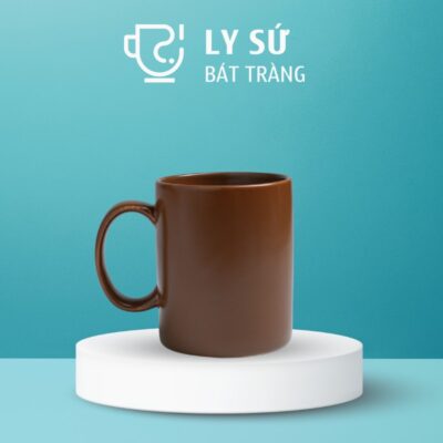 Ly sứ màu mát Bát Tràng quà tặng in logo màu nâu đất mát dáng trụ quai C 350ml LSM-74