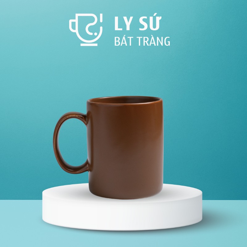 Ly sứ màu mát Bát Tràng quà tặng in logo màu nâu đất mát dáng trụ quai C 350ml LM-74