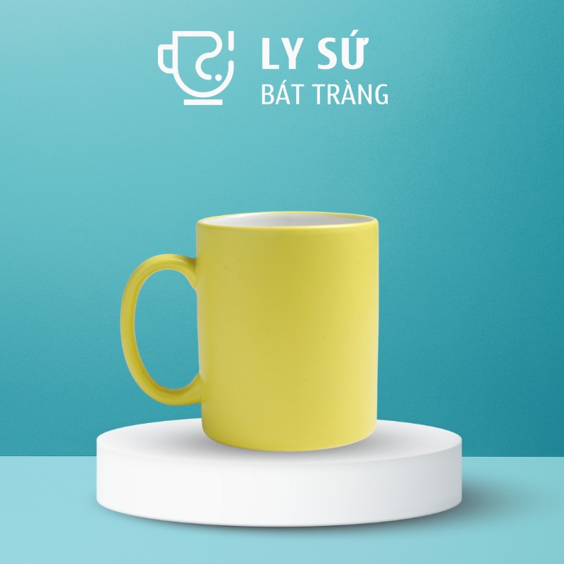 Ly sứ màu mát Bát Tràng quà tặng in logo màu vàng pastel dáng trụ quai C 350ml LM-67