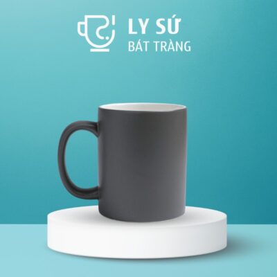 Ly sứ màu mát Bát Tràng quà tặng in logo màu xám mát dáng trụ quai C 350ml LM-64