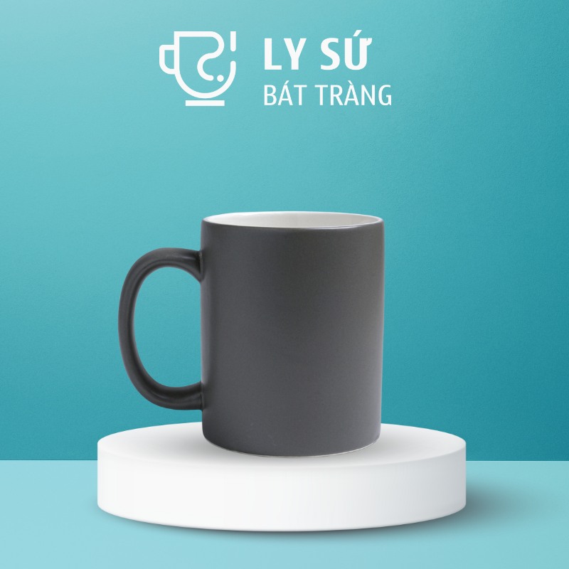 Ly sứ màu mát Bát Tràng quà tặng in logo màu xám mát dáng trụ quai C 350ml LM-64