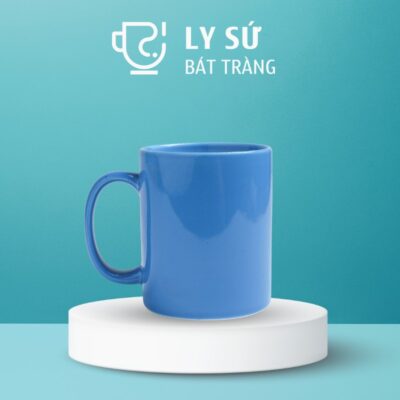 Ly sứ màu bóng Bát Tràng quà tặng in logo màu xanh dương bóng dáng trụ quai C 350ml LM-56