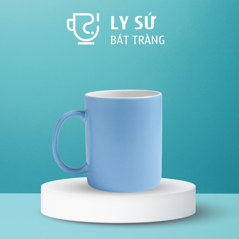 Ly sứ màu mát Bát Tràng quà tặng in logo màu xanh dương nhạt mát dáng trụ quai C 350ml LM-75