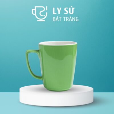 Ly sứ màu bóng Bát Tràng màu xanh lá dáng vuông có quai 390ml LM-97