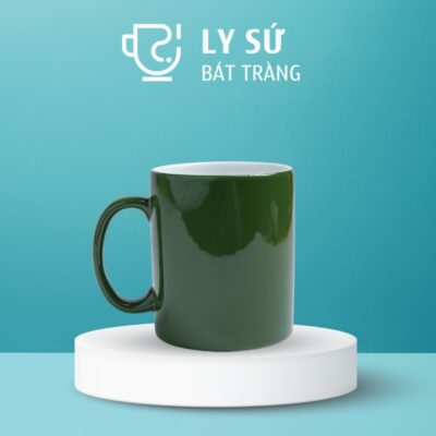 Ly sứ màu bóng Bát Tràng quà tặng in logo màu xanh lá đậm dáng trụ quai C 350ml LM-61