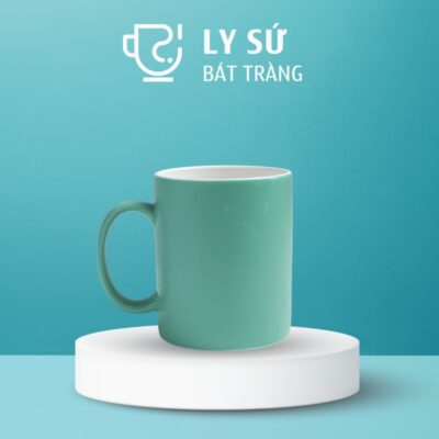 Ly sứ màu mát Bát Tràng quà tặng in logo màu xanh lục nhạt dáng trụ quai C 350ml LSM-73