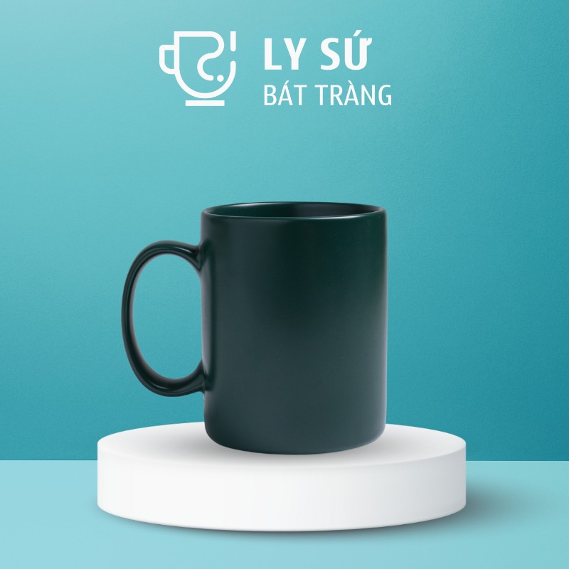 Ly sứ màu mát Bát Tràng quà tặng in logo màu xanh ngọc lục bảo mát dáng trụ quai C 350ml LM-66