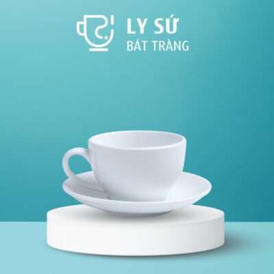 Cốc sứ cafe Capuchino Bát Tràng quà tặng in logo màu trắng kèm đĩa 250ml LS-08