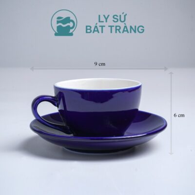 Cốc sứ cafe Bát Tràng quà tặng in logo kèm đĩa màu xanh coban bóng dung tích 220ml LSCĐ-09
