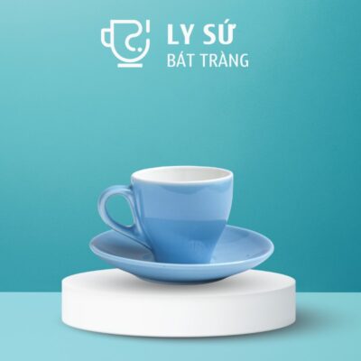 Cốc sứ cafe Bát Tràng quà tặng in logo kèm đĩa màu xanh dương bóng dung tích 90ml LSCĐ-27