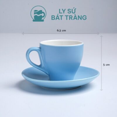 Cốc sứ cafe Bát Tràng quà tặng in logo kèm đĩa màu xanh dương mát dung tích 90ml LSCĐ-19