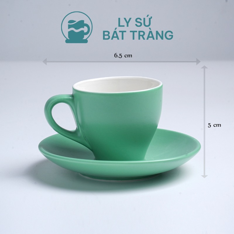 Cốc sứ cafe Bát Tràng quà tặng in logo kèm đĩa màu xanh lá mát dung tích 90ml LSCĐ-20
