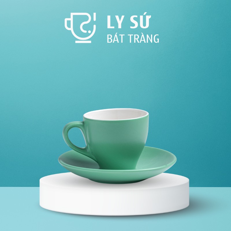 Cốc sứ cafe Bát Tràng quà tặng in logo kèm đĩa màu xanh lá mát dung tích 90ml LSCĐ-20