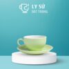 Cốc sứ cafe Bát Tràng quà tặng in logo kèm đĩa màu xanh lá nhạt mát dung tích 220ml LSCĐ-05