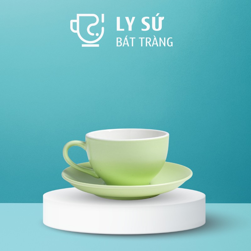 Cốc sứ cafe Bát Tràng quà tặng in logo kèm đĩa màu xanh lá nhạt mát dung tích 220ml LSCĐ-05