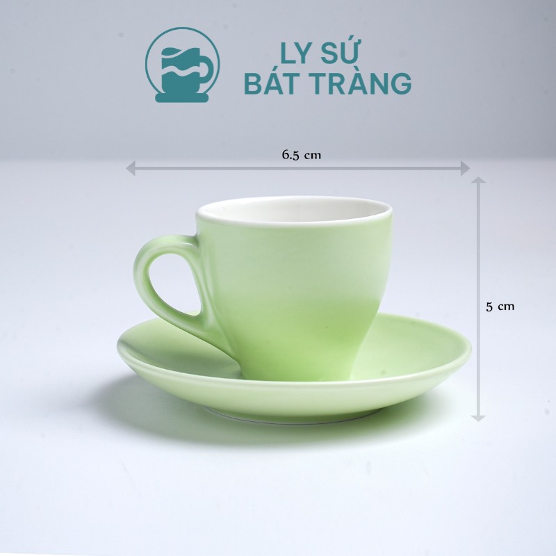 Cốc sứ cafe Bát Tràng quà tặng in logo kèm đĩa màu xanh lá nhạt mát dung tích 90ml LSCĐ-22