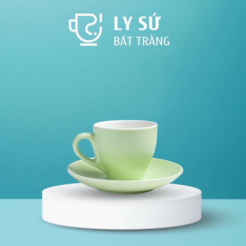 Cốc sứ cafe Bát Tràng quà tặng in logo kèm đĩa màu xanh lá nhạt mát dung tích 90ml LSCĐ-22
