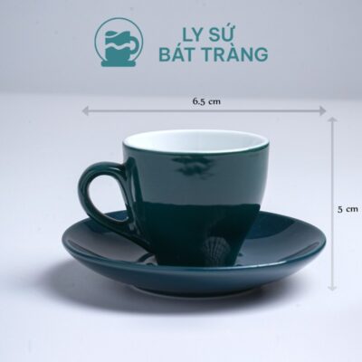 Cốc sứ cafe Bát Tràng quà tặng in logo kèm đĩa màu xanh navy bóng dung tích 90ml LSCĐ-26