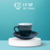 Cốc sứ cafe Bát Tràng quà tặng in logo kèm đĩa màu xanh navy bóng dung tích 90ml LSCĐ-26
