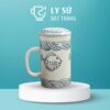 Cốc sứ lọc trà Bát Tràng quà tặng in logo họa tiết vẽ tay cá béo dung tích 300ml LSLT-14