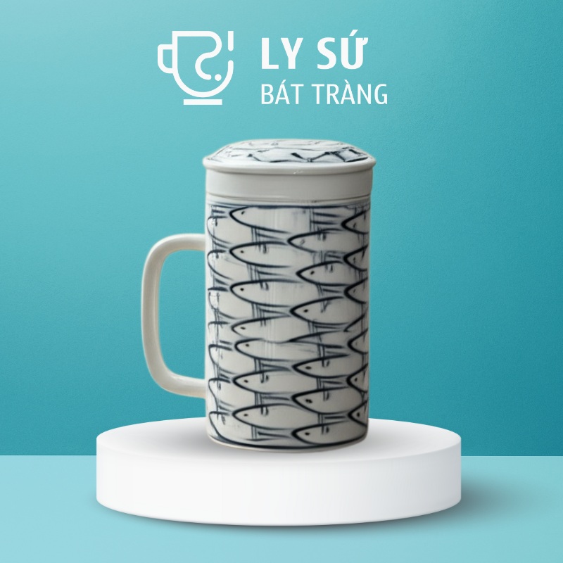 Cốc sứ lọc trà Bát Tràng quà tặng in logo họa tiết vẽ tay cá đàn dung tích 300ml LSLT-15