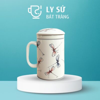 Cốc sứ lọc trà Bát Tràng quà tặng in logo họa tiết vẽ tay chuồn chuồn dung tích 300ml LSLT-19