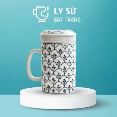 Cốc sứ lọc trà Bát Tràng quà tặng in logo họa tiết vẽ tay hoa bèo dung tích 300ml