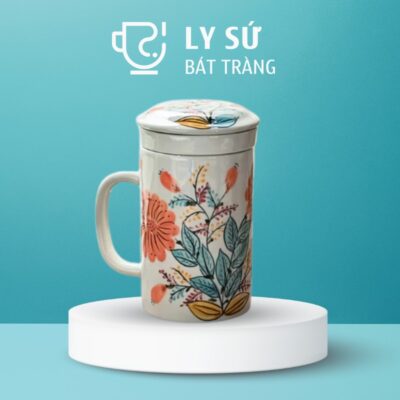 Cốc sứ lọc trà Bát Tràng quà tặng in logo họa tiết vẽ tay hoa dung tích 300ml