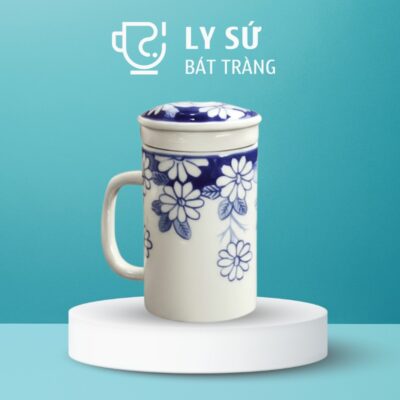 Cốc sứ lọc trà Bát Tràng quà tặng in logo họa tiết vẽ tay hoa cánh tròn dung tích 300ml LSLT-16