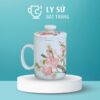 Cốc lọc trà Bát Tràng quà tặng in logo họa tiết vẽ tay hoa đào dung tích 300ml LSLT-20