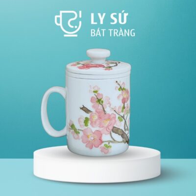 Cốc lọc trà Bát Tràng quà tặng in logo họa tiết vẽ tay hoa đào dung tích 300ml LSLT-20