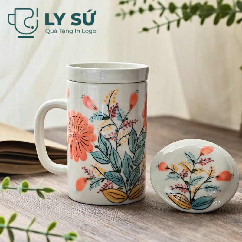Cốc sứ lọc trà Bát Tràng quà tặng in logo họa tiết vẽ tay hoa dung tích 300ml LSLT-05