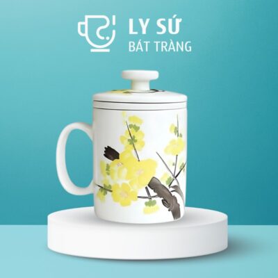 Cốc lọc trà Bát Tràng quà tặng in logo họa tiết vẽ tay hoa mai dung tích 300ml LSLT-22