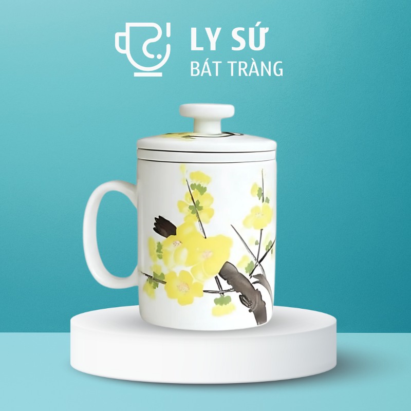 Cốc lọc trà Bát Tràng quà tặng in logo họa tiết vẽ tay hoa mai dung tích 300ml LSLT-22