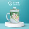Cốc lọc trà Bát Tràng quà tặng in logo họa tiết vẽ tay hoa sen dung tích 300ml LSLT-21