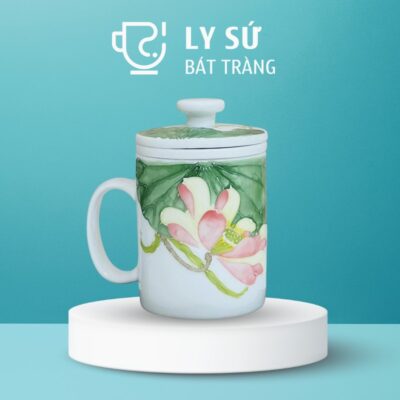Cốc lọc trà Bát Tràng quà tặng in logo họa tiết vẽ tay hoa sen dung tích 300ml LSLT-21