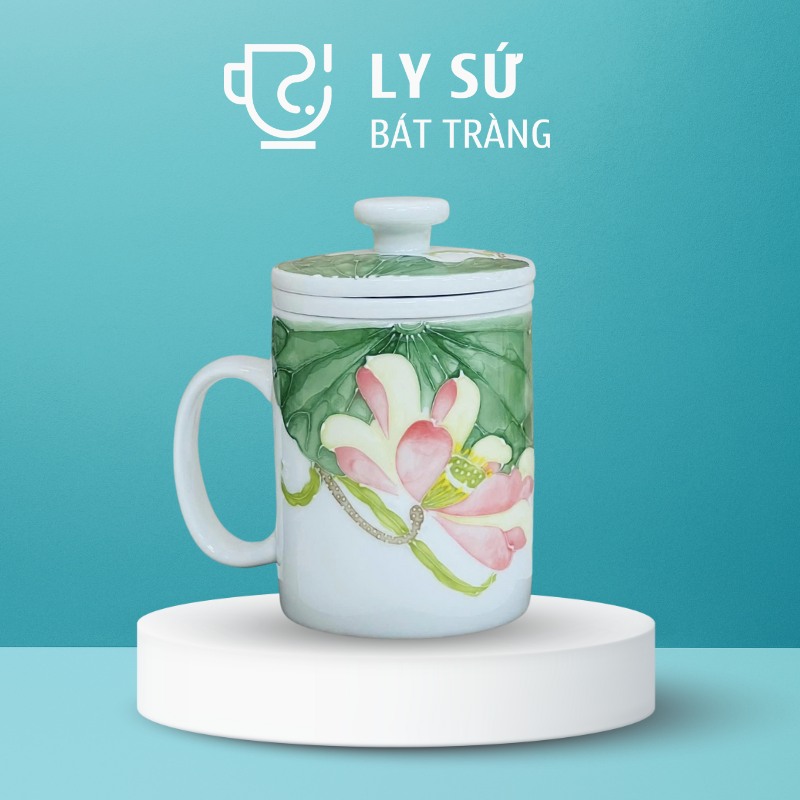 Cốc lọc trà Bát Tràng quà tặng in logo họa tiết vẽ tay hoa sen dung tích 300ml LSLT-21