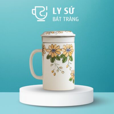 Cốc sứ lọc trà Bát Tràng quà tặng in logo họa tiết vẽ tay hoa vàng dung tích 300ml LSLT-17