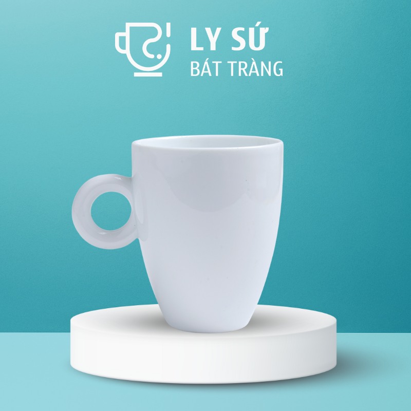 Ly sứ Bát Tràng quà tặng in logo màu trắng dáng thóp quai tròn 330ml