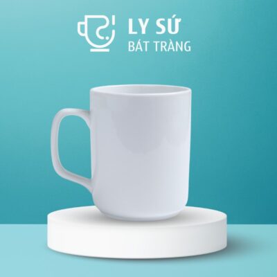 Ly sứ Bát Tràng quà tặng in logo màu trắng dáng trụ quai vuông 350ml