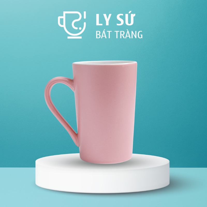 Ly sứ màu mát Bát Tràng quà tặng in logo màu hồng pastel mát dáng trụ tròn cao 350ml