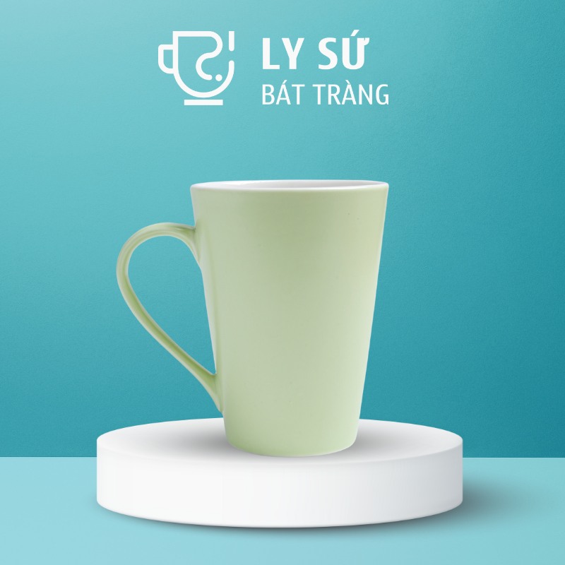Ly sứ màu mát Bát Tràng quà tặng in logo màu xanh lá nhạt mát dáng vát cao 400ml