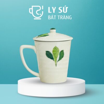 Ly sứ Bát Tràng quà tặng in logo họa tiết vẽ tay 3 lá có nắp dung tích 350ml LSVT-27