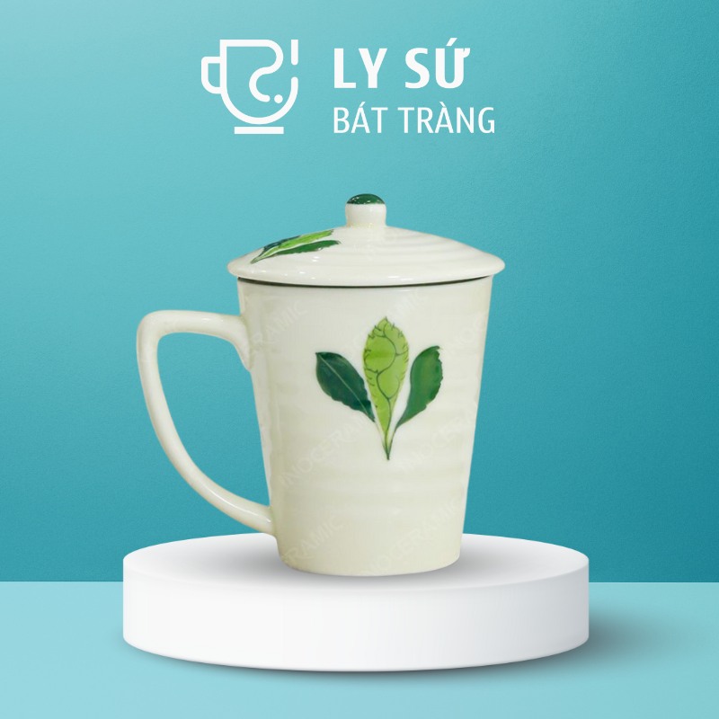 Ly sứ Bát Tràng quà tặng in logo họa tiết vẽ tay 3 lá có nắp dung tích 350ml LSVT-27